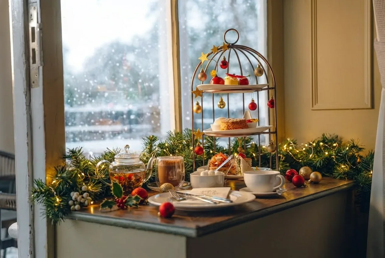 Festive afternoon tea by a snowy window at The Terrace