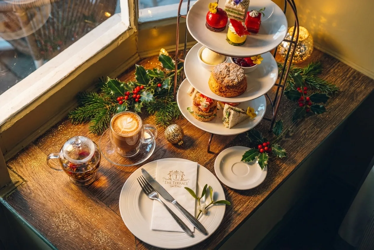 Christmas afternoon tea stand with festive treats at The Terrace