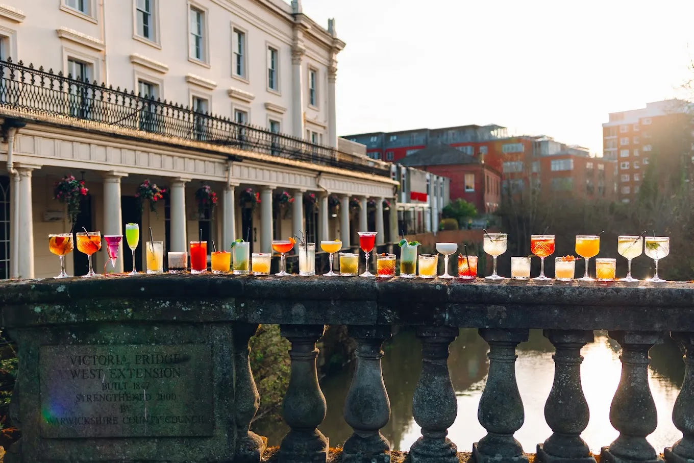 Cocktails lined up on the riverside terrace at The Terrace