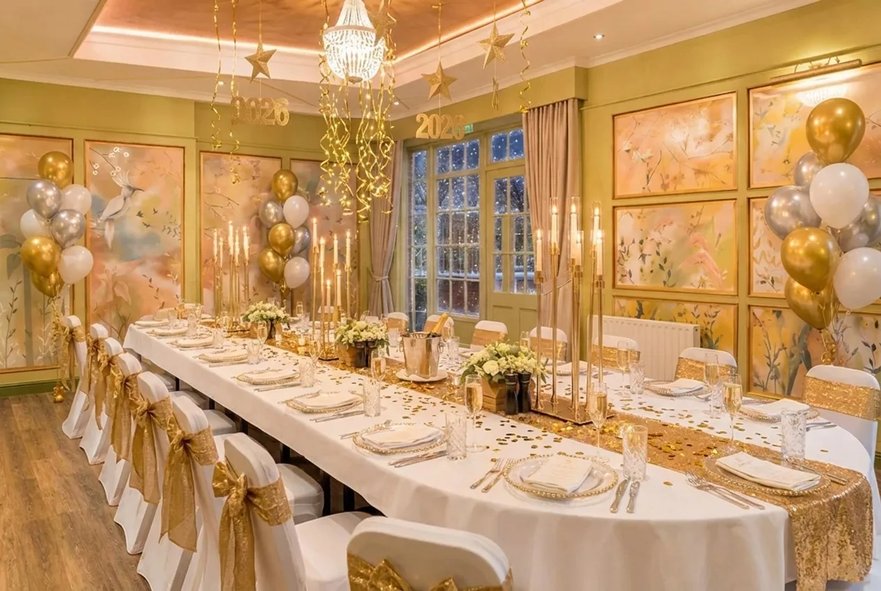 A private dining room dressed for New Year's Eve at The Terrace